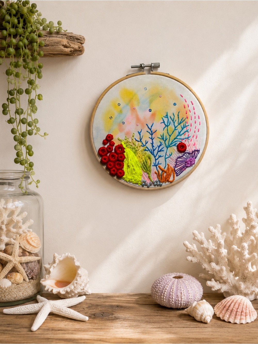 Handmade Ocean Inspired Embroidery Hoop Art | 6” Original Fiber Art |